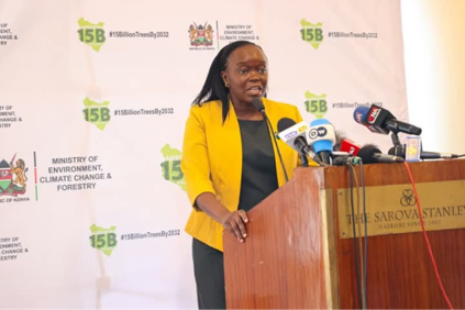 Cabinet Secretary for Environment, Climate Change and Forestry, Dr. Deborah Barasa addressing during a media breakfast in Nairobi on October 8, 2025